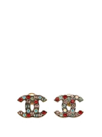 Pre-owned Chanel 2004 Cc Gold Plated Strass Bullet Back Earrings Costume Earrings