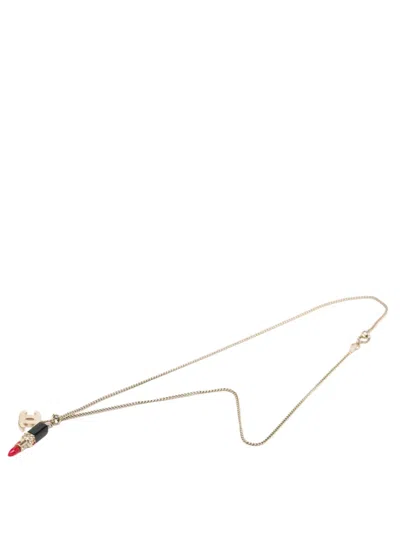 Pre-owned Chanel 2004 Cc Gold Plated Strass Resin Lipstick Pendant Necklace Costume Necklace