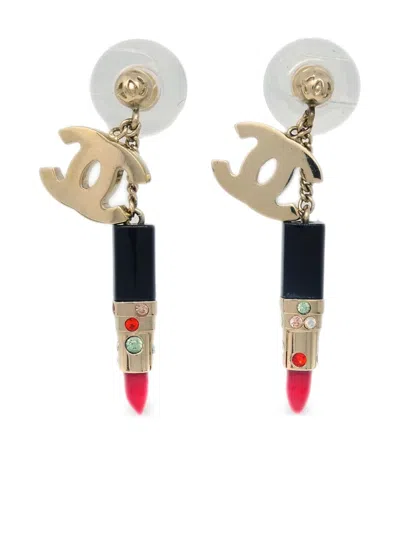 Pre-owned Chanel 2004 Cc Lipstick-pendant Earrings In Gold