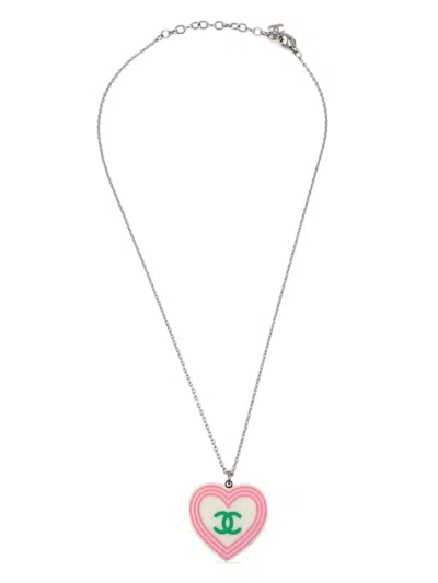 Pre-owned Chanel 2004 Cc-print Heart Pendant Necklace In White