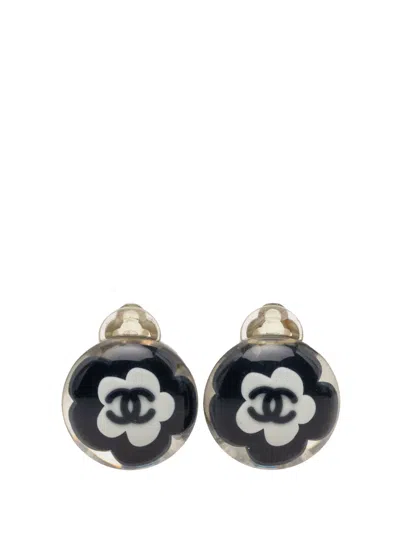 Pre-owned Chanel 2004 Cc Resin Flower Clip On Earrings Costume Earrings In Black