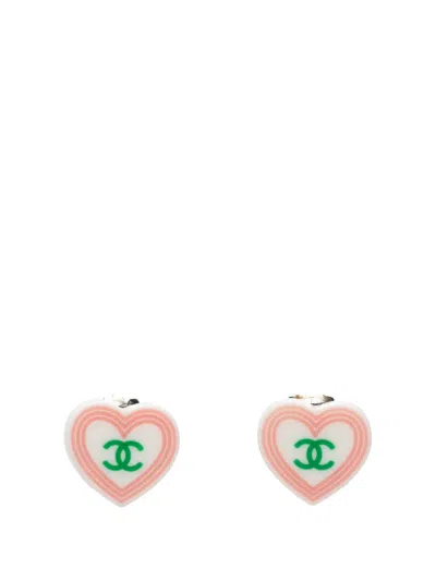 Pre-owned Chanel 2004 Cc Resin Heart Clip On Earrings Costume Earrings In White
