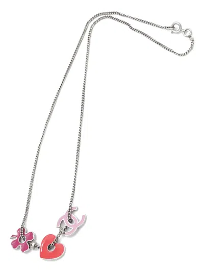 Pre-owned Chanel 2004 Cc Silver Plated Enamel Heart And Clover Charm Pendant Necklace Costume Necklace In Pink
