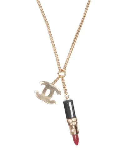Pre-owned Chanel 2004  Cc Mark Lipstick Motif Necklace In Gold