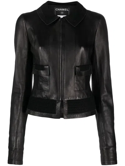 Pre-owned Chanel 2004 Elasticated-panel Leather Jacket In Black