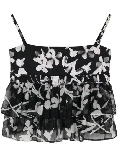 Pre-owned Chanel 2004 Floral-print Ruffled Top In Black