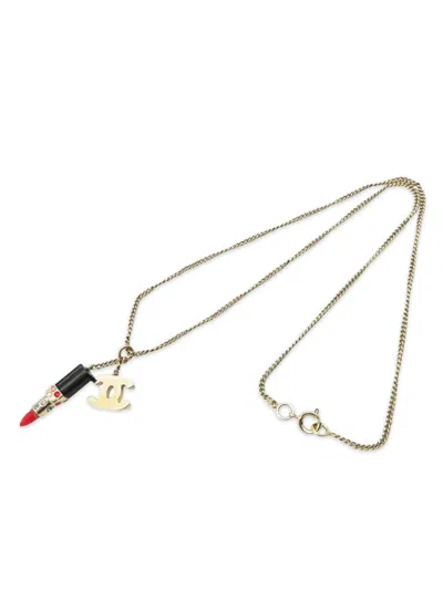 Pre-owned Chanel 2004 Gold Plated Cc Lipstick Pendant Necklace Costume Necklace