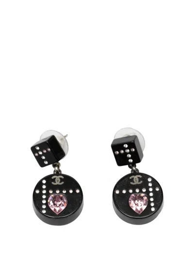 Pre-owned Chanel 2004 Resin Cc Dice And Heart Crystal Drop Push Back Earrings Costume Earrings In Black