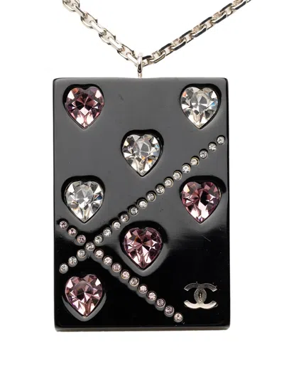 Pre-owned Chanel 2004 Resin Rhinestone Hearts Pendant Necklace Costume Necklace In Black