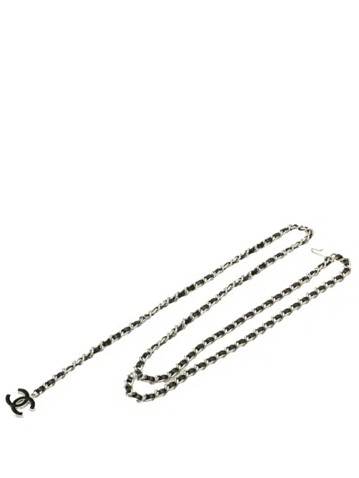 Pre-owned Chanel 2004 Silver Cc Leather Woven Chain Belt In Black
