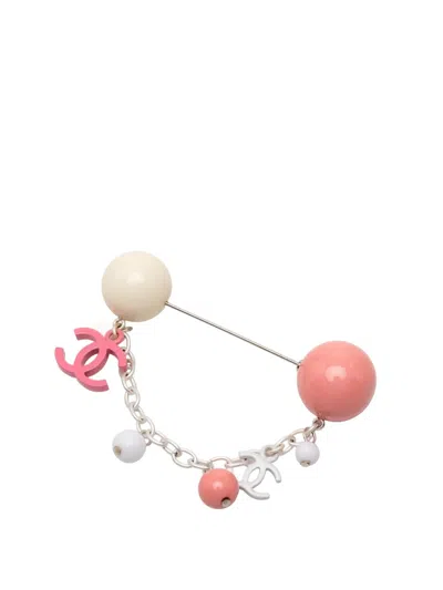 Pre-owned Chanel 2004 Silver Plated Resin Cc Charm Pin Brooch Costume Brooch
