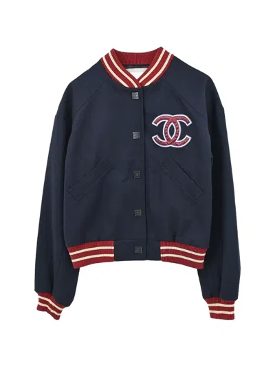 Pre-owned Chanel 2004 Sport Line Cc Logo Wool Bomber Jacket In Blue