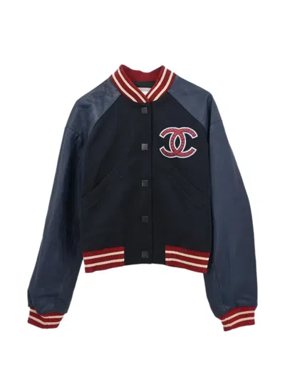 Pre-owned Chanel 2004 Sport Line Spring Letterman Bomber Jacket In Black