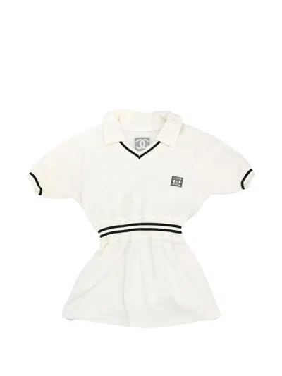 Pre-owned Chanel 2004 Sport Line V-neck Ribbed-waist T-shirt In White