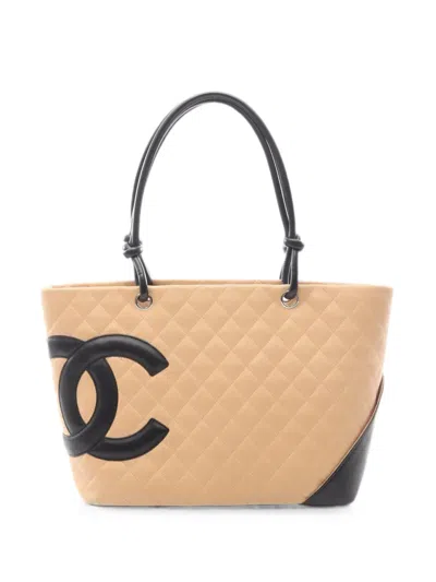 Pre-owned Chanel 2004-2005 Cambon Diamond-quilted Tote Bag In Neutral