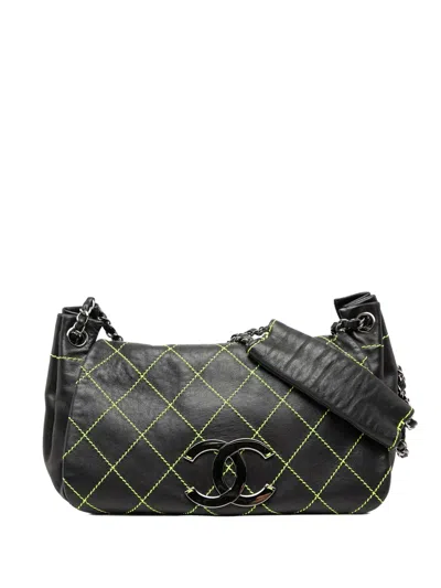 Pre-owned Chanel 2004-2005 Cc Wild Stitch Lambskin Accordion Flap Shoulder Bag In Black