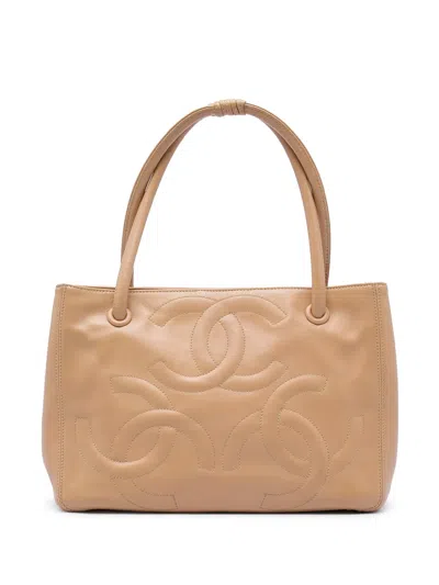 Pre-owned Chanel 2004-2005 Lambskin Triple Cc Tote Bag In Neutrals