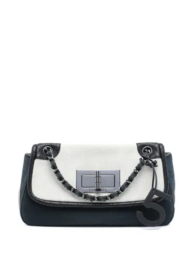 Pre-owned Chanel 2004-2005 Tricolor Canvas And Leather No 5 Giant Mademoiselle Lock Flap Bag Shoulder Bag In Blue