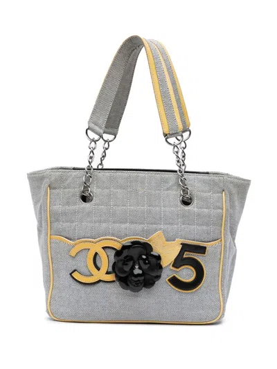 Pre-owned Chanel 2005-2006 Cc Camellia No. 5 Choco Bar Canvas Tote Shoulder Bag In Grey