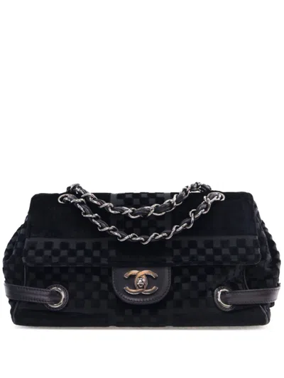Pre-owned Chanel 2005-2006 Cc Check Embossed Velvet Belted Side Flap Shoulder Bag In Black