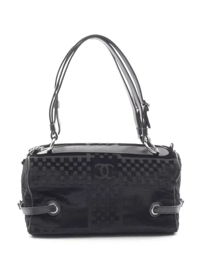 Pre-owned Chanel 2005-2006 Cc Check Embossed Velvet Belted Side Shoulder Bag In Black