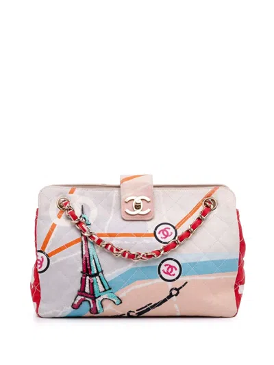 Pre-owned Chanel 2005-2006 Cc Printed Canvas Eiffel Tower Shoulder Bag In Brown