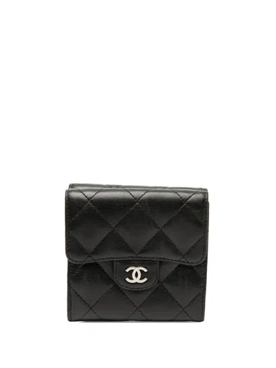 Pre-owned Chanel 2005-2006 Cc Quilted Lambskin Compact Double Sided Flap Wallet Small Wallets In Black