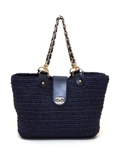 Pre-owned Chanel 2005-2006 Cc Turn-lock Straw Tote Bag In Blue