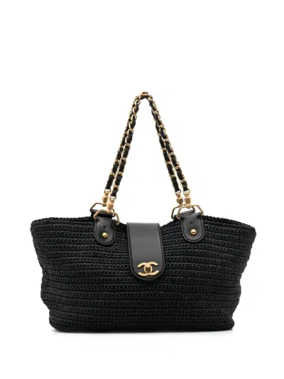 Pre-owned Chanel 2005-2006 Chain-strap Raffia Handbag In Black