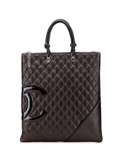 Pre-owned Chanel 2005-2006 Lambskin Cambon Ligne Flat Tote Bag In Brown