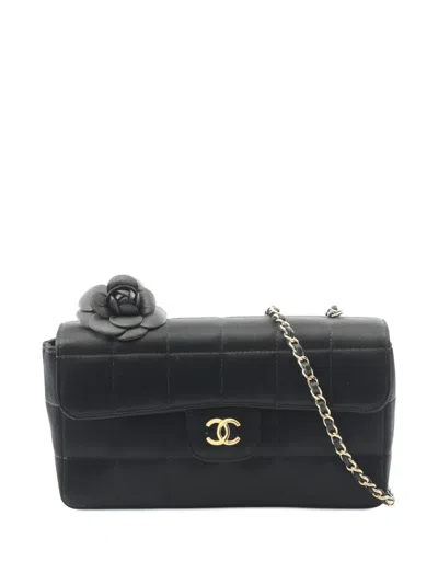 Pre-owned Chanel 2005-2006 Mini Choco Bar Quilted Satin Camellia Flap Crossbody Bag In Black