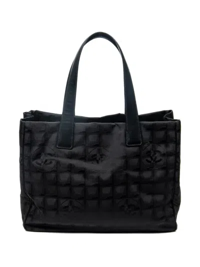 Pre-owned Chanel 2005-2006 New Travel Line Logo Jacquard Tote Bag In Black