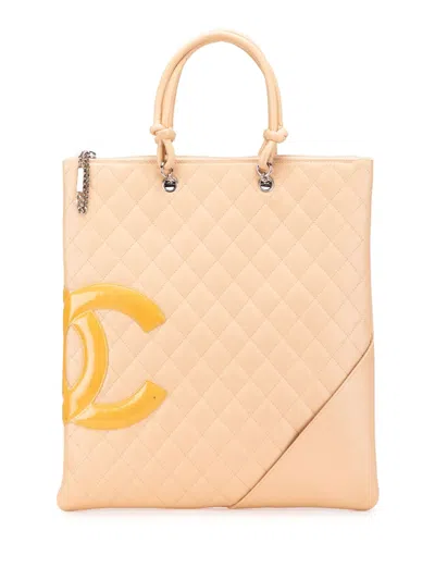Pre-owned Chanel 2005-2006 Quilted Lambskin Cambon Ligne Flat Tote Bag In Brown
