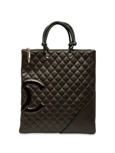 Pre-owned Chanel 2005-2006 Quilted Lambskin Cambon Ligne Flat Tote Bag In Brown