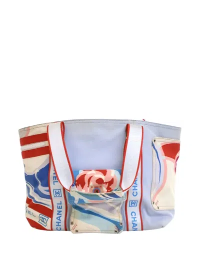 Pre-owned Chanel 2005-2006 Tricolor Canvas Sports Line Surf Tote Bag In Blue