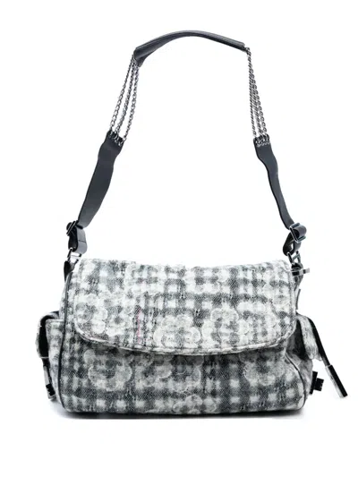Pre-owned Chanel 2005-2006 Tweed Camellia Chain Flap Shoulder Bag In Black