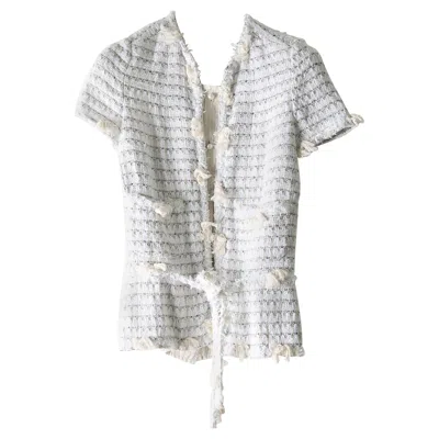 Pre-owned Chanel 2005 Blue White Black Tweed Silk Stripe Blouse Dress Jacket Blazer 34