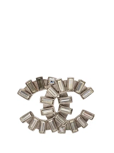 Pre-owned Chanel 2005 Cc Brass Strass Baguette Brooch Costume Brooch In Silver