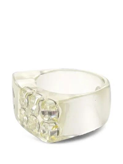 Pre-owned Chanel 2005 Cc Crystal-embellished Ring In Neutrals
