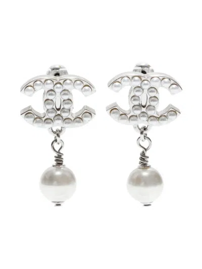 Pre-owned Chanel 2005 Cc Mark Faux-pearl Embellished Earrings In Silver