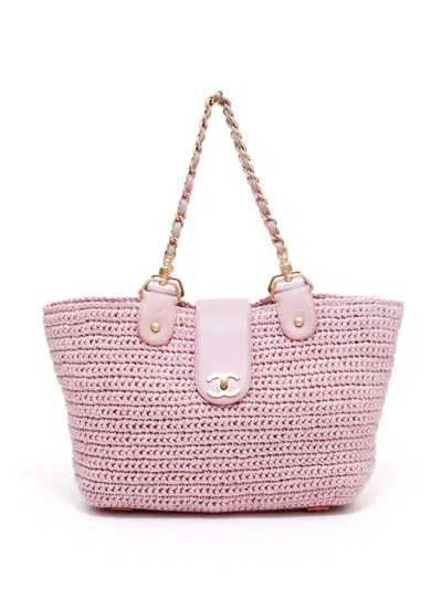 Pre-owned Chanel 2005 Cc Raffia Tote Bag In Pink