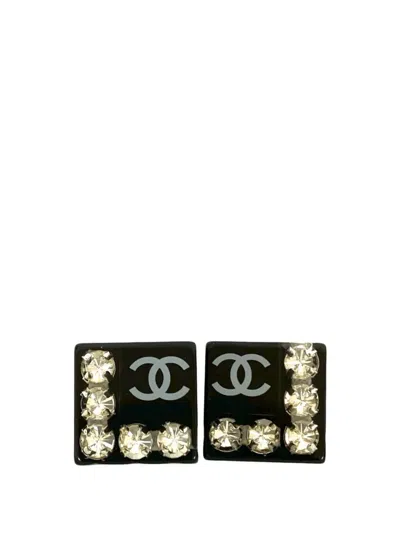 Pre-owned Chanel 2005 Cc Resin Rhinestone Square Clip On Earrings In Black