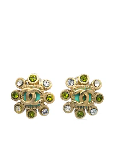 Pre-owned Chanel 2005 Cc Rhinestone Earrings In Gold