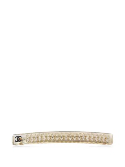 Pre-owned Chanel 2005 Coco Mark Rhinestone Hair Clip In White