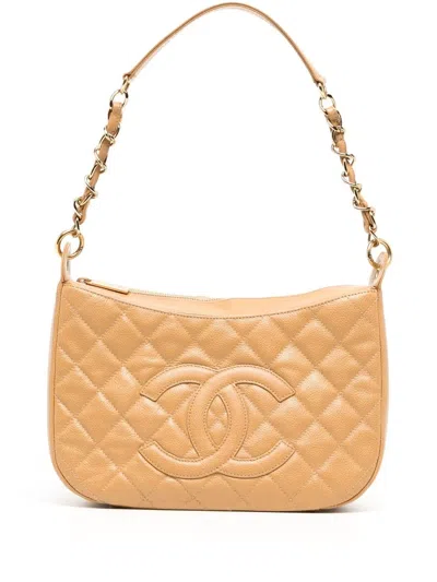Pre-owned Chanel 2005 Diamond-quilted Logo Shoulder Bag In Brown
