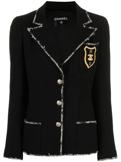 Pre-owned Chanel 2005 Emblem Tweed-trim Blazer In Black