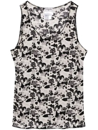 Pre-owned Chanel 2005 Floral Print Cropped Top In Black