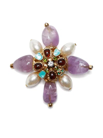 Pre-owned Chanel 2005 Floral Stone Brooch In Gold