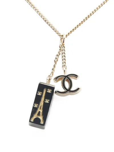 Pre-owned Chanel 2005 Gold Plated Enamel Cc Eiffel Tower Charm Necklace Costume Necklace