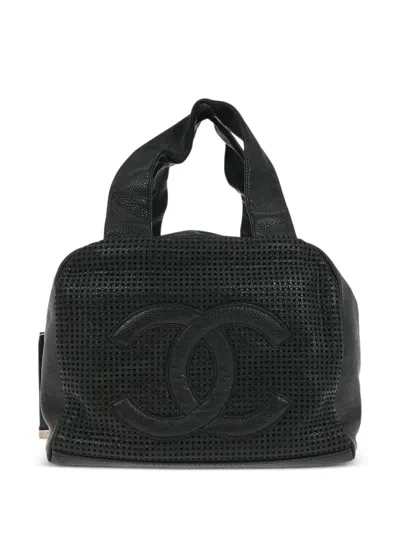 Pre-owned Chanel 2005 Leather Logo Tote Bag In Black